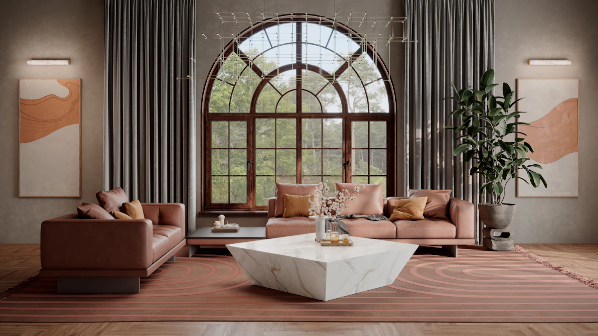 An elegant living room with a grand arched window